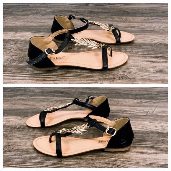 Strappy flat sandals black & gold leather ankle strap boho bohemian - Picture 2 of 9